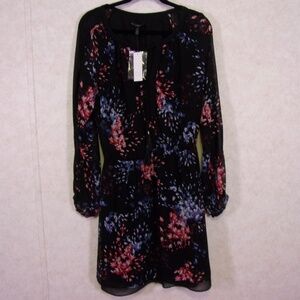NWT White House Black Market Black Floral Long Sheer Sleeved V Neck Dress Size 8